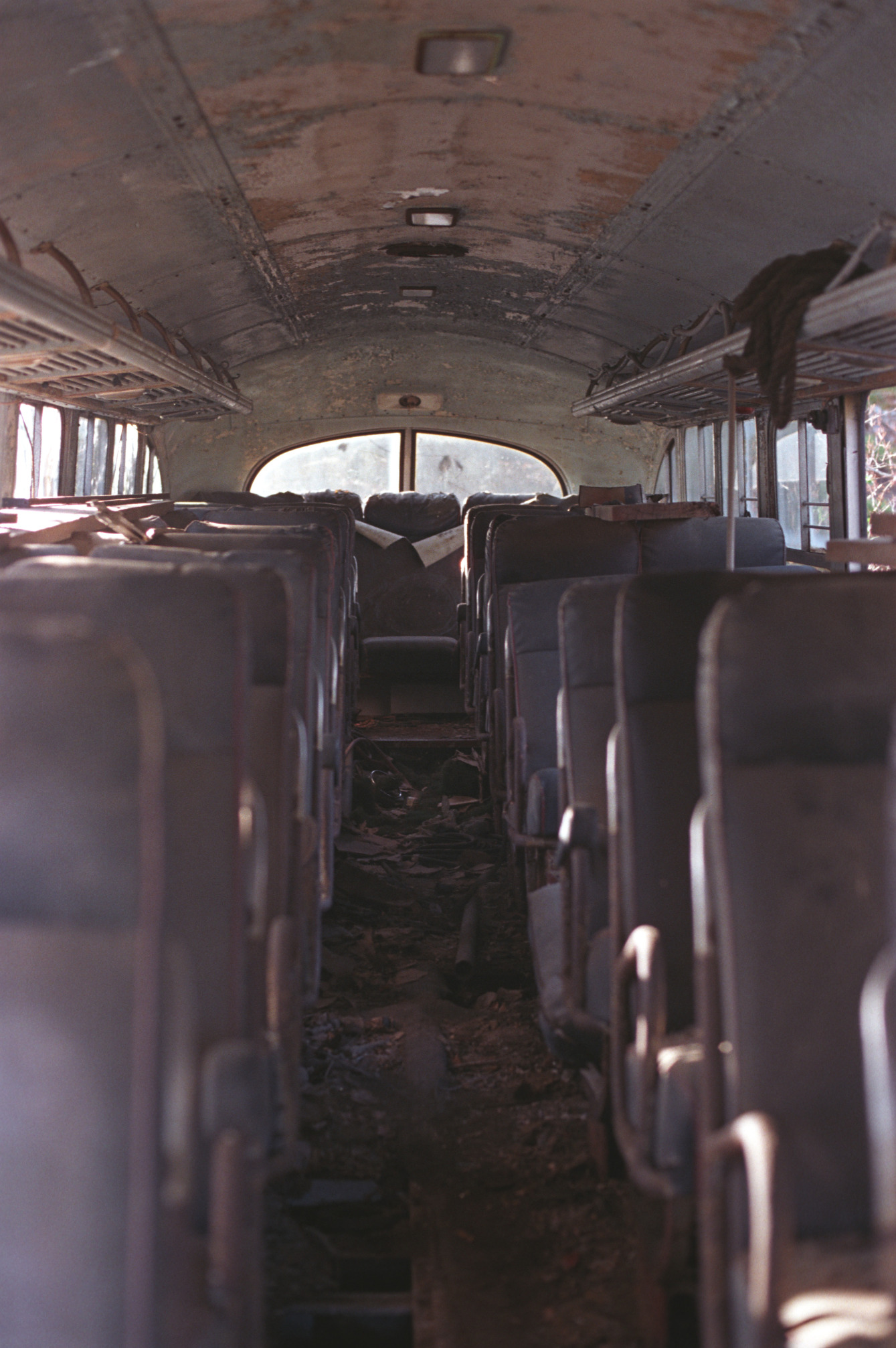 A photo taken from the inside of an abandoned bus.